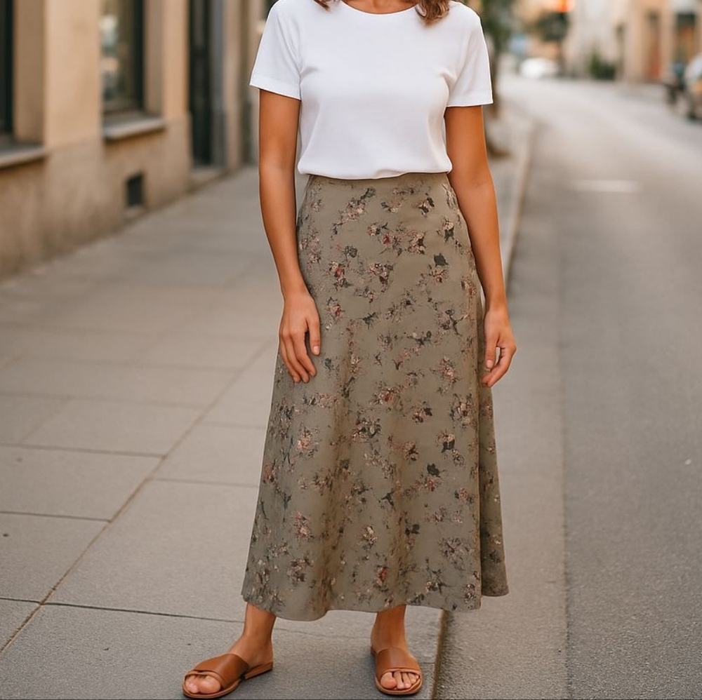 VTG KORET PETITE BROWNISH/GREEN FLORAL MAXI SKIRT SZ 4